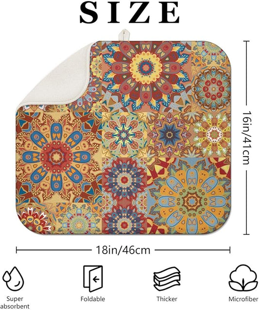 Boho Dish Drying Mat for Kitchen Countertops, Bohemian Floral Microfiber Drying Mat, Washable Absorbent Farmhouse Plaid Kitchen Countertop Dish Drainer, 16x18 Inch