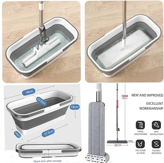 Large Flat Mop and Scalable Bucket with Wheels,360° Rotating Microfiber Dust ,Mop with Dewatering Scraper,54" Adjustable Stainless Steel (1 Mop + 4 Microfiber Pads + 1 Bucket)
