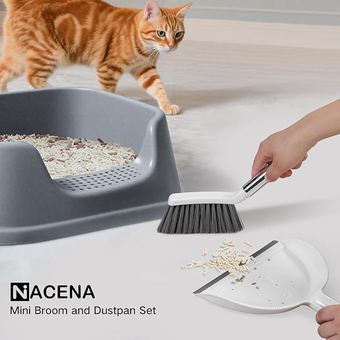 NACENA Mini Broom and Dustpan Set 2 Packs, Small Dust Pan and Brush Set with Handle Dustpan Teeth for Cleaning Hair Suitable for Office Desks Drawers Sofas Pet Care Outdoor Camping, White & Gray