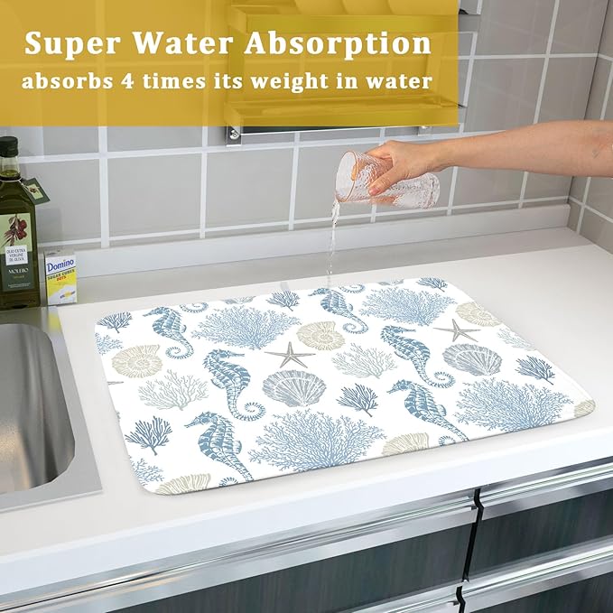 Blue Coral Dish Drying Pad 18 x 24 Inch With Absorbent Reversible Microfiber Coastal Starfish Seashell Summer Drying Mats Dish Drainer Mat Fast Dry For Kitchen Dining Room Decoration