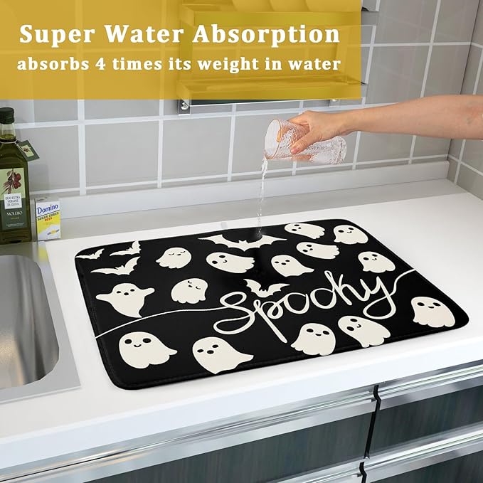 Halloween Dish Drying Mat for Kitchen Counter 18x24 Cute Ghost Black Spooky Holiday Scary Theme Absorbent Reversible Microfiber Drying Mats Kitchen Countertop Protector Dishes Drainer Pad