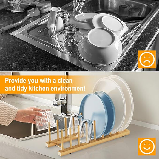 Bamboo Dish Drying Rack for Kitchen Organizer-Sturdy Plate Rack Organizer with Natural Bamboo, Dish Rack Holds Plates, Cups & Cutting Boards-Dish Drying Rack for Countertop & Cabinets(4 Pack)