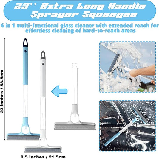 Lothee 2pcs 3 in 1 Window Squeegee, 23'' Long Handle Window Cleaning Scraper, Squeegee and Scrubber with Spray for Walls, Car Windshields, Bathrooms, Kitchens (Blue,White)