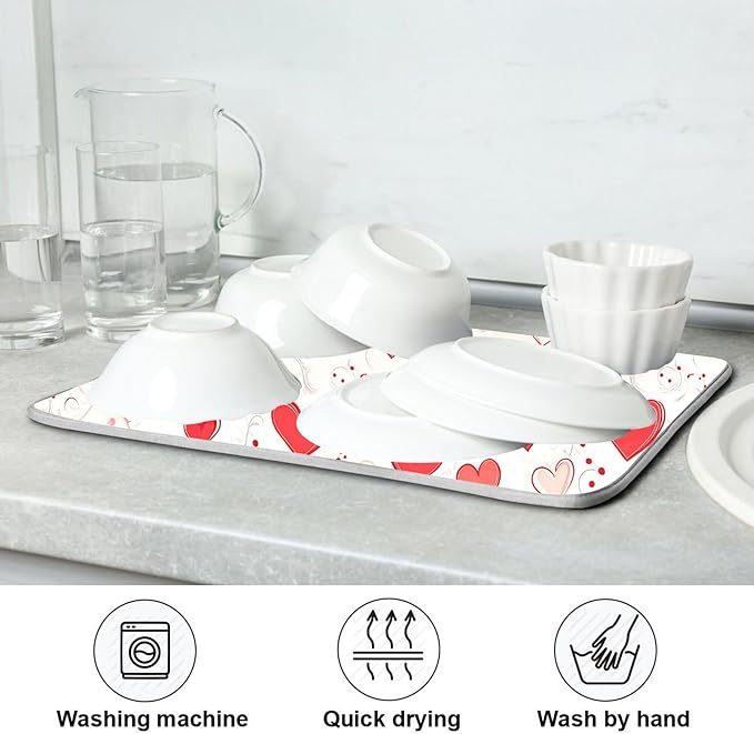 Happy Valentine’s Day Dish Drying Mat for Kitchen Countertop 16x18 Love Heart Red Pink Small Drying Mat Reusable Quick Dry Dish Sink Mats Easy Clean Decorative Essentials