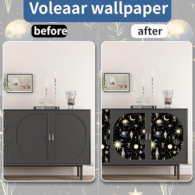 Extra Long Starry Night Black Wallpaper Peelable, 17.5" x 393" Vintage Black Gold Moon Stars Self-Adhesive Vinyl Contact Paper for Kids Bedroom, Living Room, Removable Celestial Wall Decor