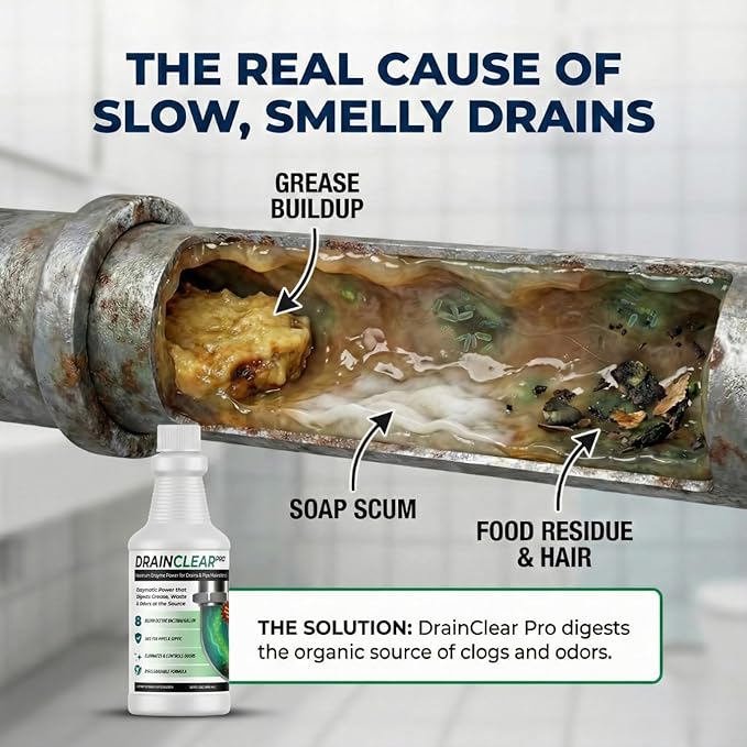 DrainClear Pro Enzyme Drain Cleaner 32oz - Enzymatic Formula Digests Grease, Waste & Odors - Safe for Pipes and Septic Systems - Biodegradable Drain Treatment for Home & Commercial Use