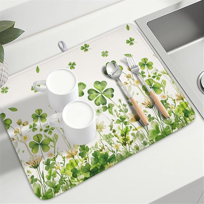 St Patrick's Day Dish Drying Mat 18 x 24 Inch Green Clover Dish Drainer Rack Mat Absorbent Microfiber Mats for Shamrock Dish Pad Spring Lucky Dish Pad for Kitchen Bar Decor