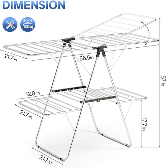 APEXCHASER Clothes Drying Rack, Foldable 2-Level Drying Rack Clothing, Stainless Steel Free-Standing Laundry Airer, with Height-Adjustable 4 Wings, Matte Black