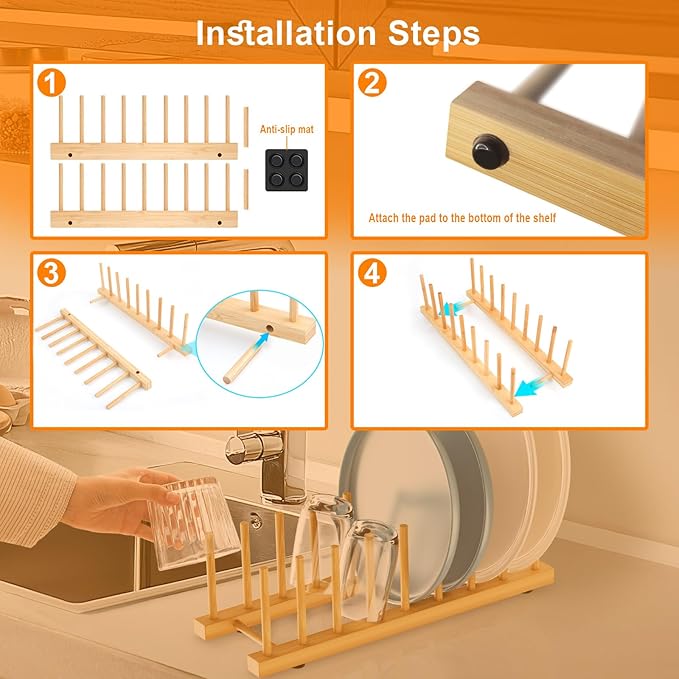 Bamboo Dish Drying Rack for Kitchen Organizer-Sturdy Plate Rack Organizer with Natural Bamboo, Dish Rack Holds Plates, Cups & Cutting Boards-Dish Drying Rack for Countertop & Cabinets(4 Pack)