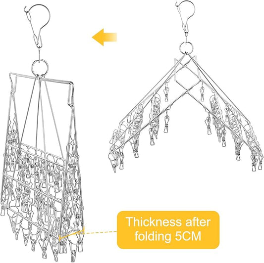 Folding Clothes Drying Hanger 36 Clips Stainless Steel Space-Saving Dryer Rack Washline with Peg for Sock, Underwear, Baby Clothes, Diapers and Hanging Small Washes