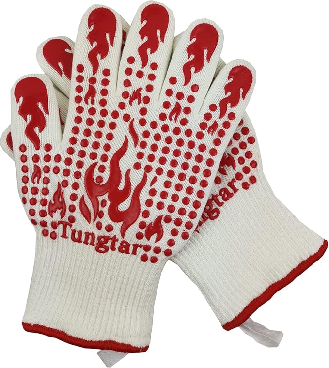 Ove Gloves mit BBQ Heat Proof Oven Mitts 11Inch 1472℉ guantes para Caliente Grill Proof Heat for Men Women BBQ Gloves Bake Gift Set Cooking Gloves for Cooking Grilling Baking Welding (White Red)