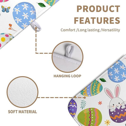 Happy Easter Bunny Dish Drying Mats Spring Floral Dish Mat Easter Cute Rabbit Eggs Drying Matt Dishes Dryer Pad for Kitchen Counter Absorbent Microfiber Washable Foldable Reusable 18x24 in