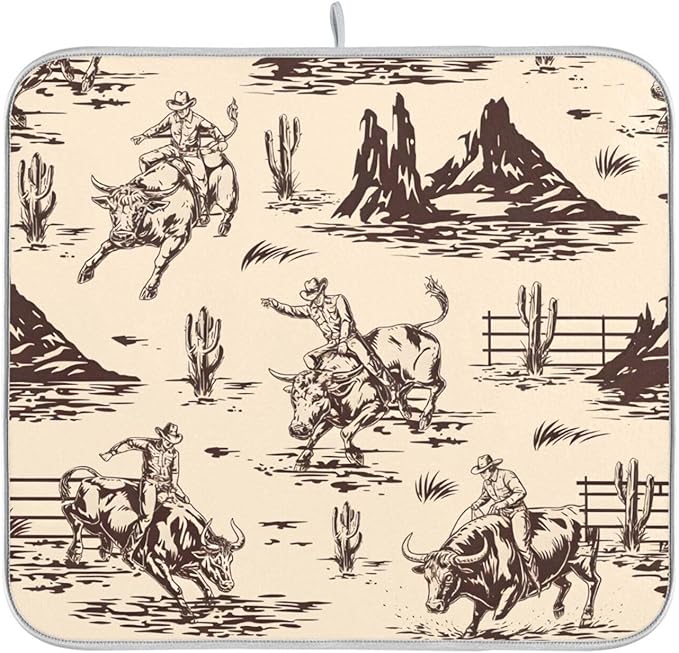 West Cactus Cowboy Dish Drying Mat for Kitchen Counter Absorbent Microfiber Drying Pad, Medium 16x18 in, Reversible Drainer Mats