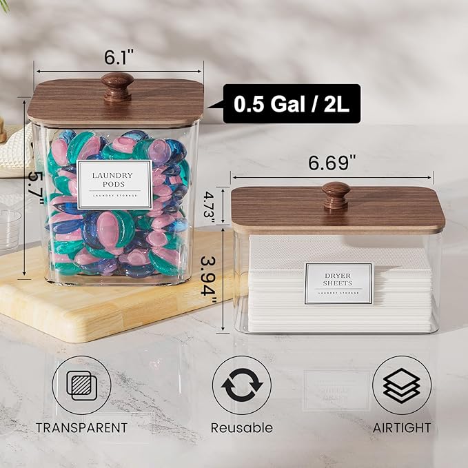 Laundry Pods Storage Container, Clear Laundry Room Organization and Storage,Detergent Powder Container,with Wooden Lids & Labels, 3+1 Pack(Dark Brown)