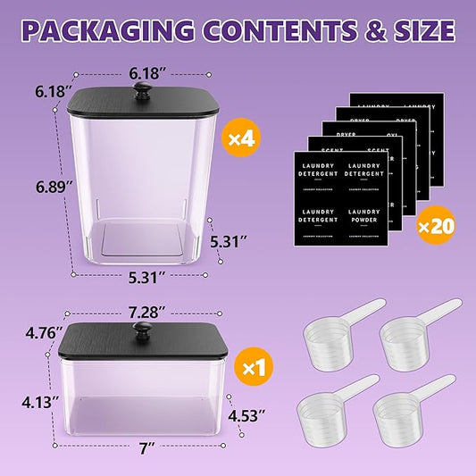 Moforoco 5 Pack Laundry Pods Container, Clear Laundry Room Organization Containers,Large Detergent Powder Storage, Black Wooden Lids & Labels, Acrylic Pods Holder