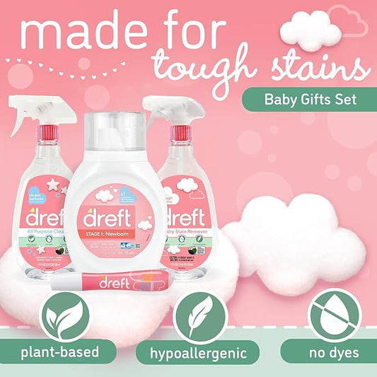 Baby Gifts Set by Dreft, Baby and Mom Gift Set with Liquid Laundry Detergent, Laundry Stain Remover, Stain Remover Pen & All Purpose Cleaner Spray, Great for Baby Showers