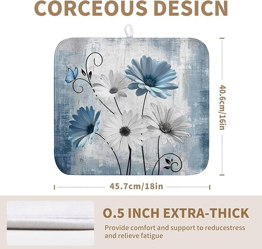 Dish Drying Mat for Kitchen Counter 16x18 Inch Blue Grey Daisy Drying Pads Rustic Vintage Floral Dish Dry Mat Microfiber Absorbent Farmhouse Dish Drainer Mat Flowers Dish Drainer Rack Mat