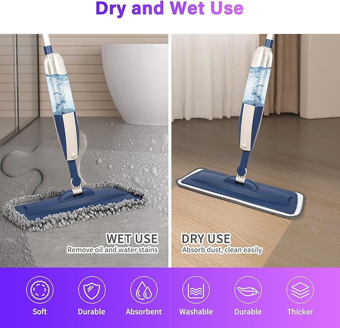 PowerMop for Floor Cleaning with 3 Washable Pads - Wet Dry Microfiber Mop with 720 ml Refillable Bottle for Kitchen Wood Floor Hardwood Laminate Ceramic Tiles Floors Dust Cleaning