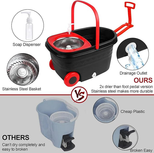Spin Mop and Bucket with Wringer Set on Wheels, 360 Spinning Mop with Stainless Steel Handle for All Hard Surfaces, Floor Cleaning System with 3 Microfiber Replacement Heads, Black/Red