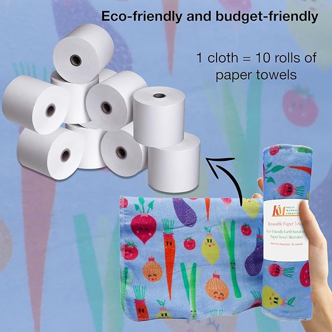 Pack of 10 Reusable Paper Towels | 10x10 Inch Cotton Towels | Kitchen Utensils Print | Eco Friendly, Washable, Quick Drying | Sustainable Cleaning Cloths | Vegetables