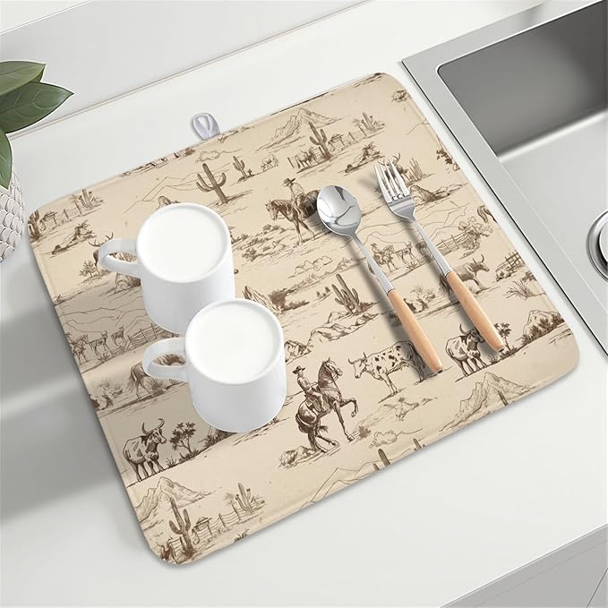 Cowboy Dish Drying Mat 18x16 Inch, West Drying Mat with Absorbent Reversible Microfiber, Cactus Dish Drainer Mats Summer Western Rack Pad for Coffee Countertop Kitchen Protector