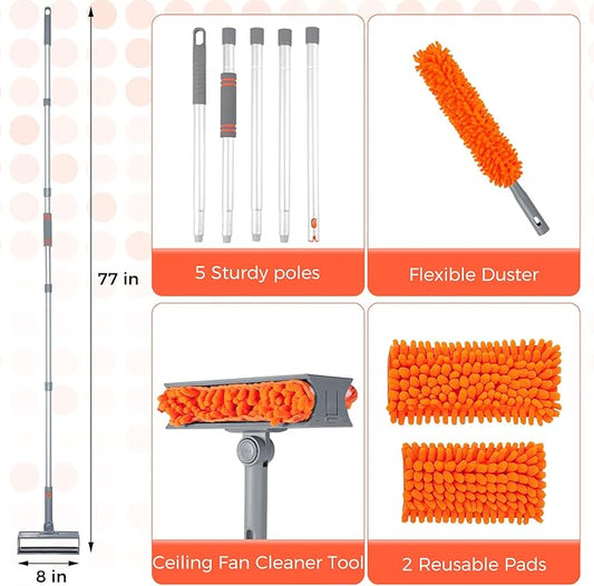 wlich Ceiling Fan Cleaner Kit with 77" Extension Pole, Reusable Chenille Brush for Fan Blades (Up to 8in), Cobwebs, Walls, and Furniture (Orange)