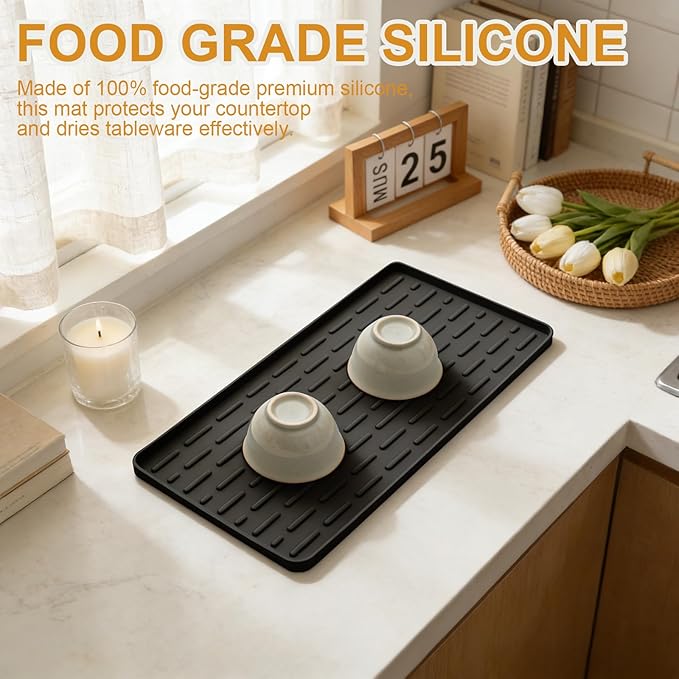 Silicone Coffee Mat, 16"X7" Heat-Resistant,Eco-friendly,Hygienic Drying Pad,Leak-Proof and Non-Slip,Removable Silicone Mat with Concave and Convex Design,(Black 16X7)