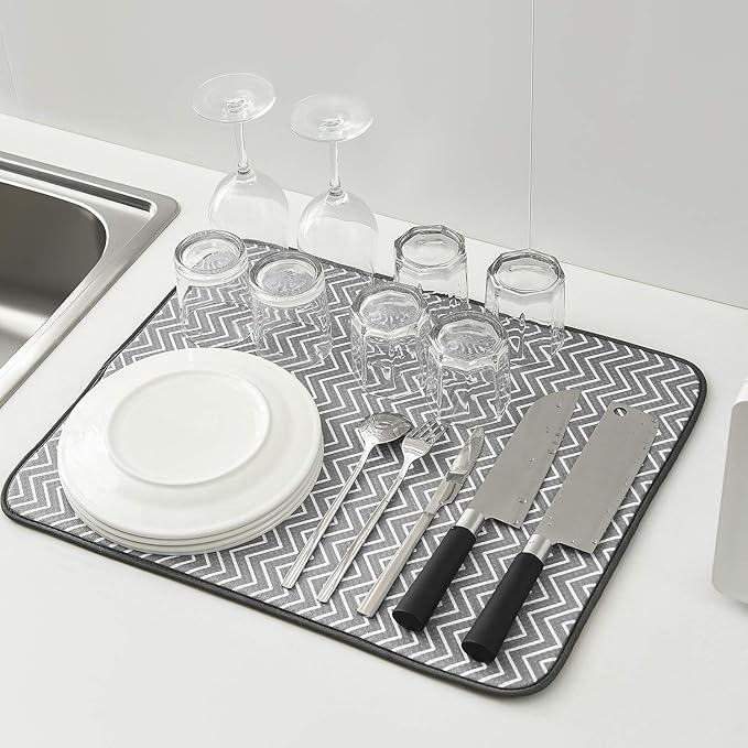 SUBEKYU Dish Drying Mat for Kitchen Counter, Microfiber Absorbent Dishes Drainer/Rack Pads under Sink, 19.6 by 16.1 inches, Set of 2, Grey, Ripple