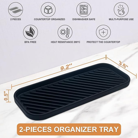 Silicone Organizer Tray, Soap and Sponge Holder for Kitchen Sink, Bathroom - Storage Tray for Dish Brush, Soap Dispenser, Dishwashing Accessories- 2 Pack (Black)