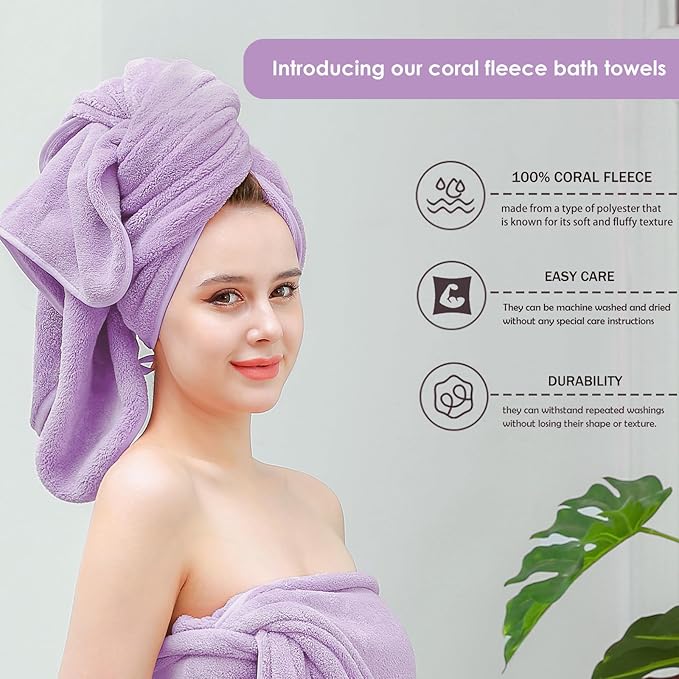GraceAier Microfiber Bath Towels 4 Pack, 28x56 Inch Coral Velvet Quick Dry Towel Set, Highly Absorbent, Ultra Soft & Lint-Free for Bathroom, Gym, Travel and Swim-Purple