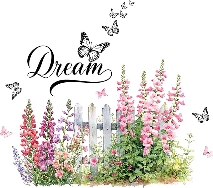 Romantic Bellflowers Fence Decals Floral Wall Decor, Campanula Fence Flowers Stickers Wall Art Murals, Flower Pattern Self-Adhesive Stickers for Girls Bedroom Bathroom Door Nursery Decor