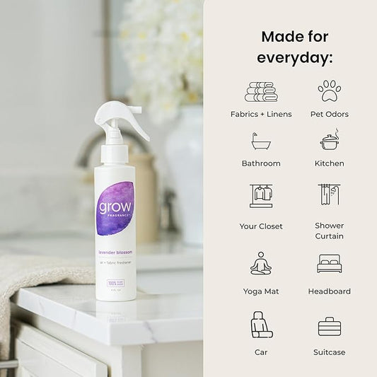 Grow Fragrance Scented Fabric and Room Air Freshener Spray - Certified Non-Toxic, 100% Plant-Based Essential Oils - 5 oz (Lavender Blossom + Black Currant Rose 2-Count)