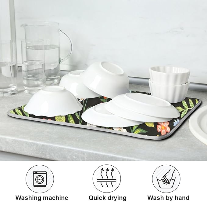 Colorful Floral Absorbent Dishes Drainer/Rack Mat for Countertop Small Size 16 x 18, Microfiber Dish Drying Pads Kitchen Counter Draining Pad