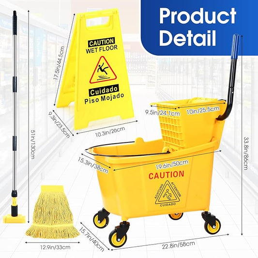 Maxdot 35 Quart Commercial Mop Bucket with Side Press Wringer on Wheels Yellow Industrial Mop and Bucket Set with Caution Sign for Floor Cleaning