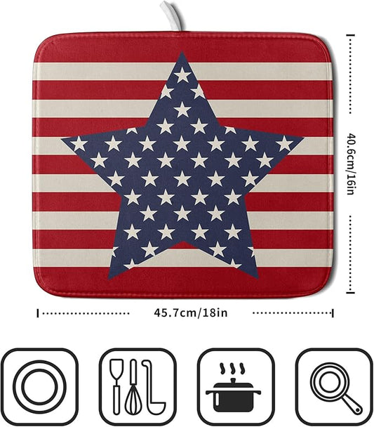 Blue Star Patriotic July of 4th Dish Drying Mat for Kitchen Counter 16x18 Independence Day Red Striped Absorbent Reversible Microfiber Drying Mats Kitchen Countertop Protector Dishes Drainer Rack Pad