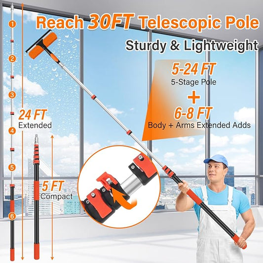 30FT High Reach Duster Cleaning Kit with 5-24 FT Extension Pole,High Ceiling Dusting and Window Cleaning Kit with Microfiber Feather Duster,Cobweb Duster,Ceiling Fan Duster,Window Squeegee Cleaner