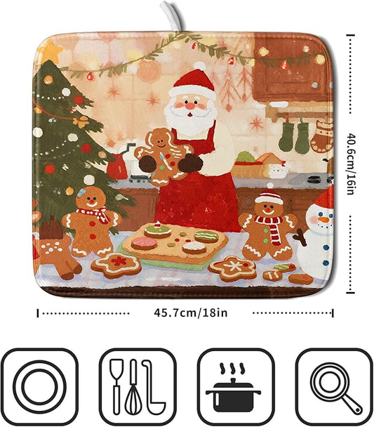 Christmas Dish Drying Mat for Kitchen Counter 16x18 Santa Claus Gingerbread Winter Xmas Holiday Themed Absorbent Reversible Microfiber Drying Mats Kitchen Countertop Protector Dishes Drainer Rack Pad