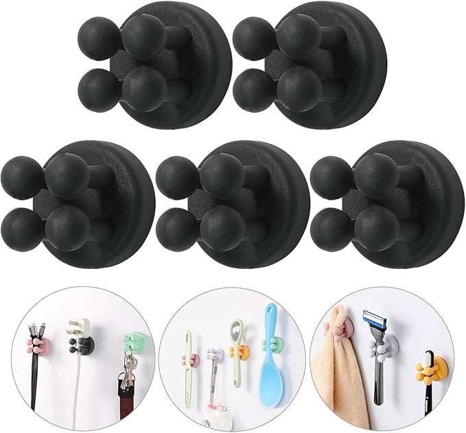 iBetterLife Razor Holder for Shower Hooks – 6Pcs Self Adhesive Wall Mounted Single Hook for Hanging Toothbrush, Functional Waterproof Utility Plug Holder for Bathroom Kitchen Living Room Office, Black
