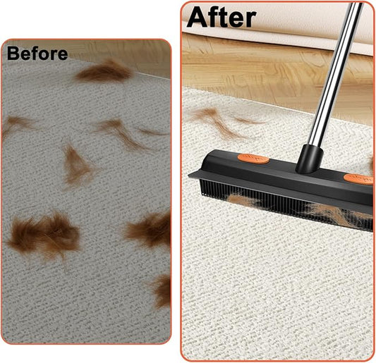 FUNNSOO Rubber Broom with Squeegee for Pet Hair Removal, 52" Adjustable Carpet Rake, Reusable Floor & Carpet Cleaning Tool, Includes Microfiber Cloth and Pet Hair Comb