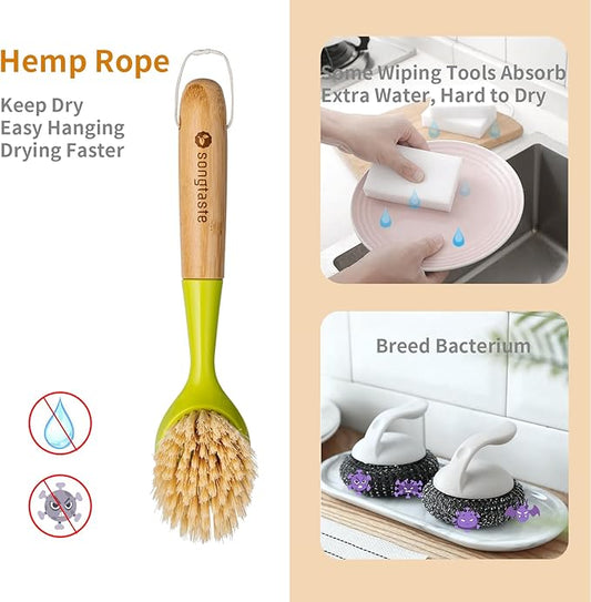 2 Pack Kitchen Dish Brush Bamboo Handle Dish Scrubber Built-in Scraper, Scrub Brush for Pans, Pots, Kitchen Sink Cleaning, Dishwashing and Cleaning Brushes are Perfect Cleaning Tools, Color-Green