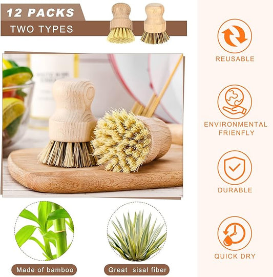 12 Pcs Bamboo Dish Brush, Wooden Scrubber Sisal Bristle Kitchen Wood Brushes for Cleaning Mini Dish Scrubber for Food Pan Pot Sink Fruit and Vegetable Wash
