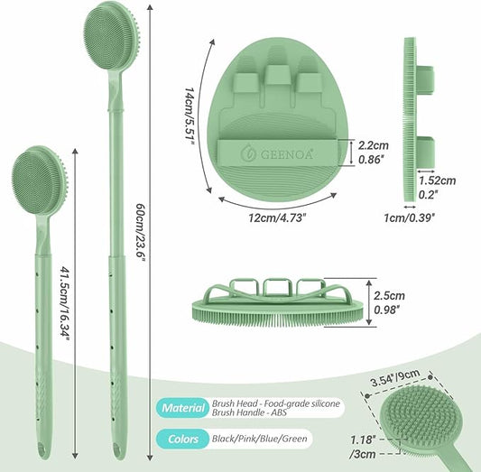 Silicone Back Scrubber & Soft Bath Glove 2PCS, 16''- 24'' Extendable Shower Scrubber with Dual-Side Head, 360° Anti-Slip & Hand-fit Silicone Body Scrubber for Rich Foaming Deep Cleaning(Green)