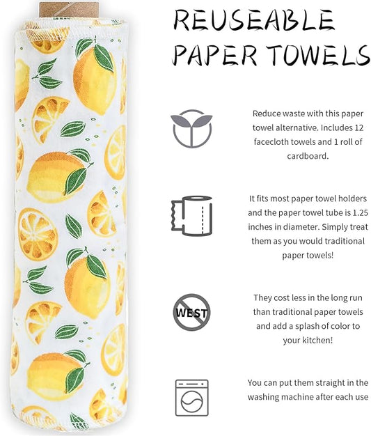 Reusable Paper Towels Washable,Pack of 12 Paperless Napkins Flannel Cotton Cloth 10"X12"with Cardboard Roll,Made to Last - Cut Back and Waste Less Eco Friendly(Lemons)