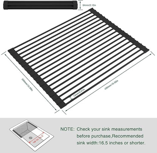 HANZENMA Roll Up Dish Drying Rack Over The Sink Kitchen Roll Up Sink Drying Rack Multipurpose Foldable Sink Drying Mat, Heat-Resistant, Anti-Slip & Anti-Rust Dish Rack for Kitchen, 17" x 13", Black