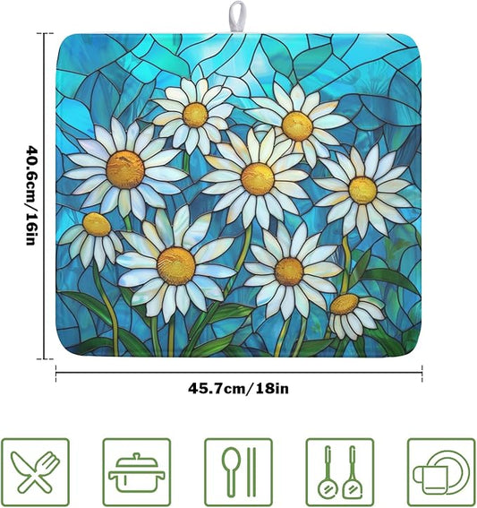 Daisy Drying Mat 18x16 Inch, Summer Spring Drying Mat with Absorbent Reversible Microfiber, Rustic Flowers Dish Drainer Mats Floral Rack Pad for Coffee Countertop Kitchen Protector
