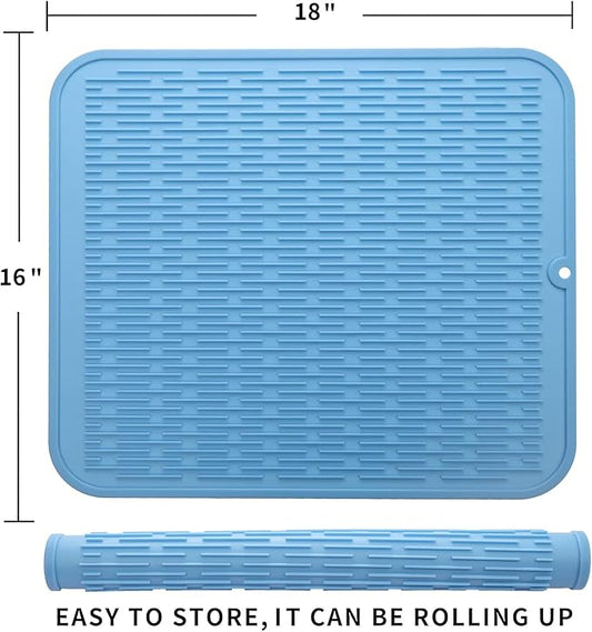 MicoYang Silicone Dish Drying Mat for Multiple Usage,Easy clean,Eco-friendly,Heat-resistant Silicone Mat for Kitchen Counter or Sink,Refrigerator or Drawer Liner Light Blue XL 18 inches x 16 inches