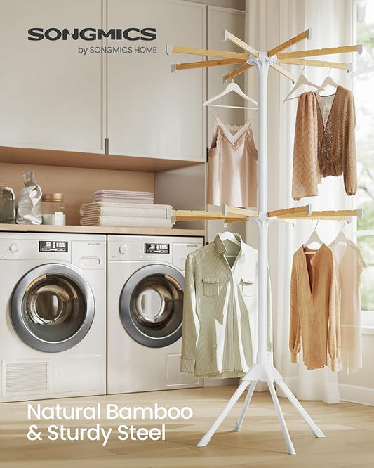 SONGMICS Clothes Drying Rack 2-Tier, with Bamboo Hanging Rods, Foldable Metal Laundry Rack, Space-Saving, Free-Standing Airer, Indoor Use, White and Natural ULLR517W01