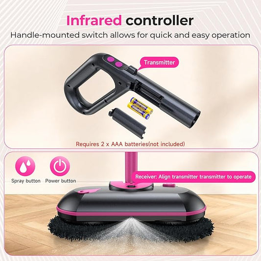 ScrubWiz Cordless Electric Mop, Electric Spin Mop with Water Spray, Powerful Floor Cleaner, Super Quiet Cleaning & Waxing, Pink and Black