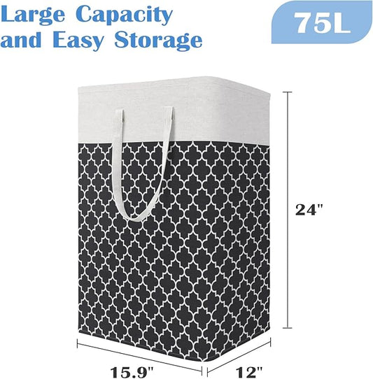 BlissTotes 3-Pack Laundry Basket, Freestanding&Waterproof Laundry Hamper, Collapsible Tall Clothes Hamper with Easy Carry Handles for Clothes, Towels in the Family and Dorm,Clover Black,75L