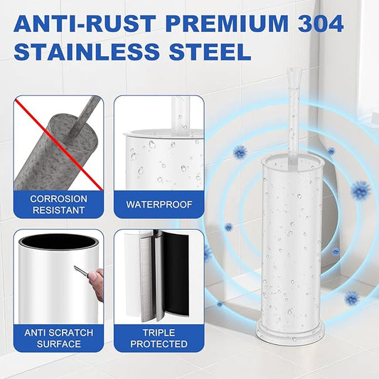 Toilet Brush and Holder Set:304 Stainless Steel Heavy Duty Toilet Bowl Brush,Removable Inner Bowl and Splash Protection,Bathroom Toilet Brush-Dense Bristles for Through Cleaning